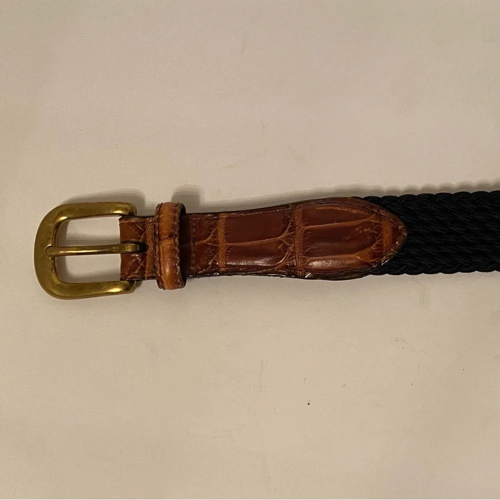 BRIGHTON MENS BELT NAVY BLUE BRAIDED CORD BROWN CROC LOOK LEATHER SIZE 36 USA